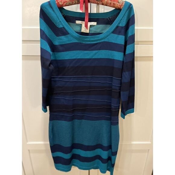 Max Studio Women’s Knit Striped Sweater Dress Sz L Blue Teal Stretch - Picture 1 of 8